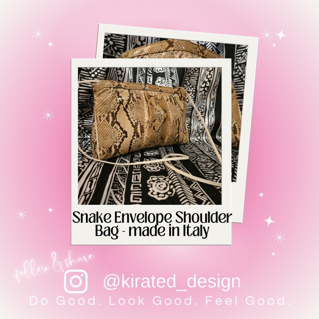 sample photo of some of the items available for sale pre loved and gently used. This is a photo of light colored Snake-Convertible shoulder or clutch bag, Envelope style, made in Italy
